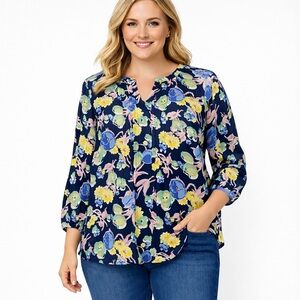 Talbots Navy Floral Blouse Size XL Split Neck 3/4 Sleeve Lightweight Top
